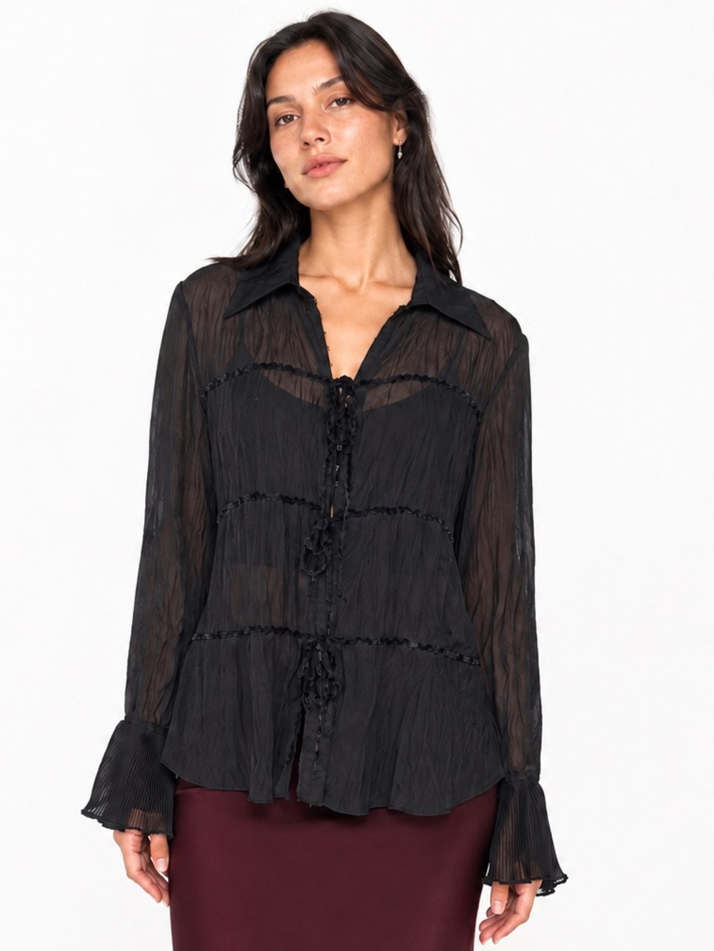 Vintage Y2K Claudia Richards Sheer Ruffle Tiered Velvet Bows Blouse Black Medium